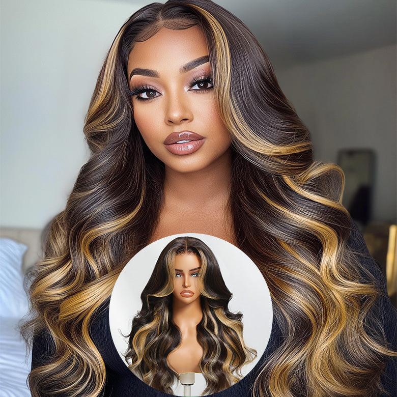 Klaiyi Honey Caramel Highlights Body Wave 7x5 Bye Bye Knots Put on and go Glueless Wigs 100% Human Hair