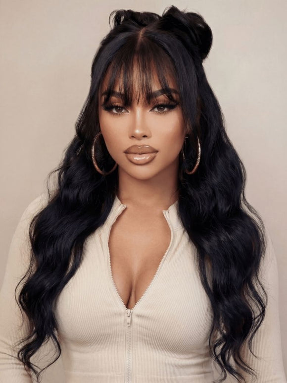 Klaiyi Yaki Straight Human Hair Glueless Wig with Blunt Cut Bangs Natural Black Color