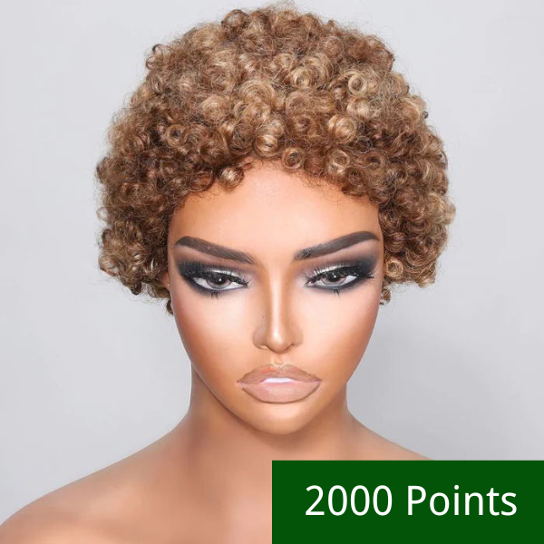2000 Points | Klaiyi Brown with blonde highlight Short Pixie Cut Wigs