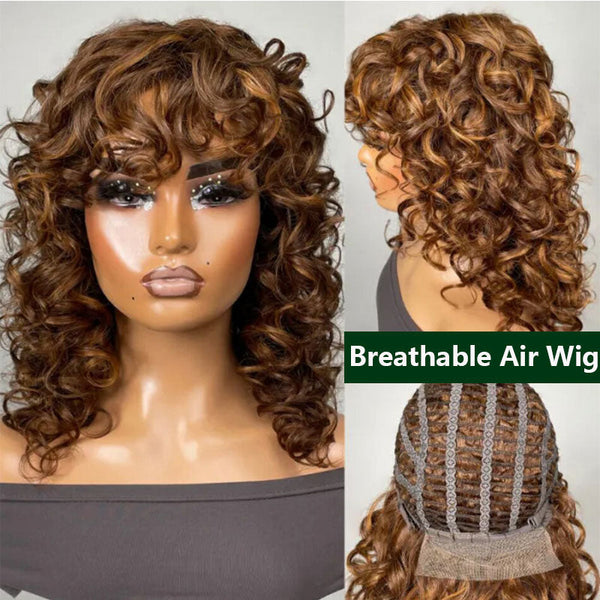 BUY 1 GET 1 Free:Code: BOGO | Klaiyi  Brown Highlight Wolf Cut Bob Wigs With Bangs Air Wig Breathable Wig