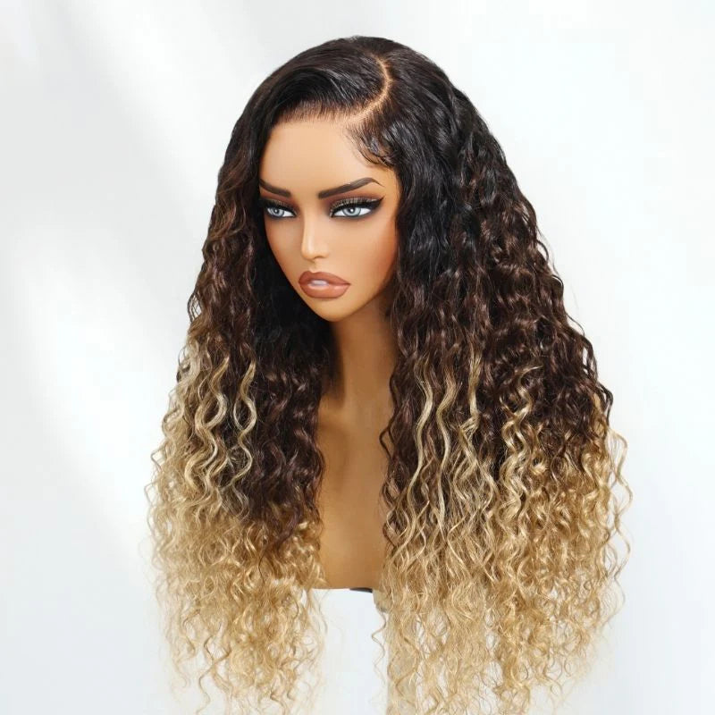 Flash Sale Klaiyi 7x5 Pre Cut 1B/4/27 Ombre Brown to Blonde Water Wave Wig With Dark Roots Lace Wig With Invisi Drawstring