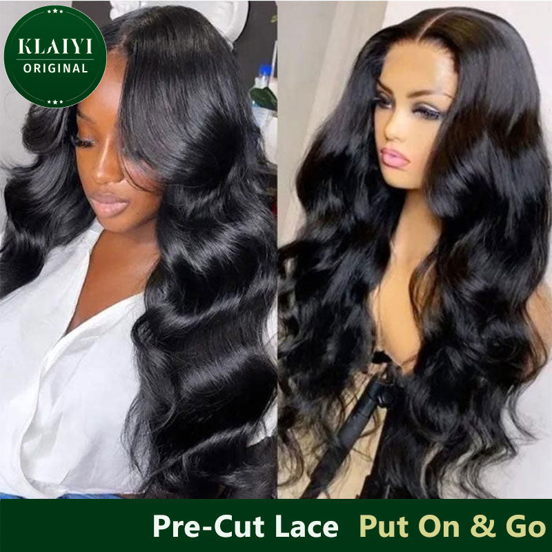 Klaiyi Pre-Cut Lace Wig Put On and Go Wig Body Wave Human Hair Wig Beginner Wig