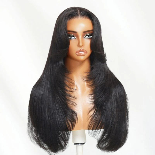 Klaiyi 13x4 Pre Everything Lace Frontal Sleek & Straight Soft Glam Hair Mimics a salon-fresh blowout With Face-framing Curtain Bangs
