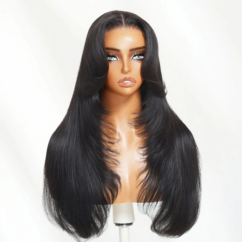 Klaiyi 13x4 Pre Everything Lace Frontal Sleek & Straight Soft Glam Hair Mimics a salon-fresh blowout With Face-framing Curtain Bangs
