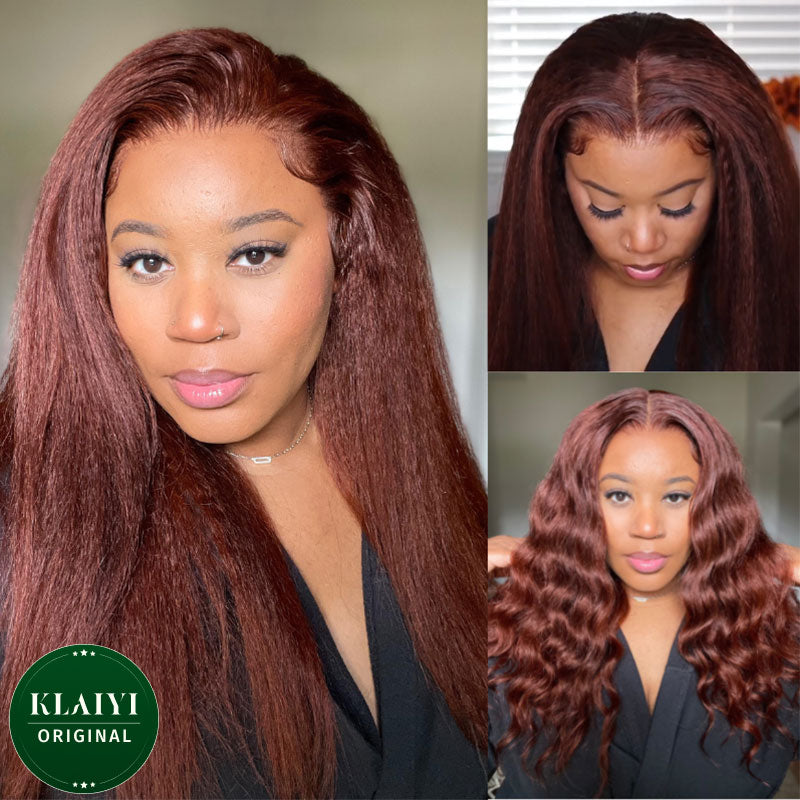 Extra 60% OFF | Klaiyi 7x5 Bye Bye Knots Reddish Brown Yaki Straight Wig Put On and Go Glueless Lace Wigs