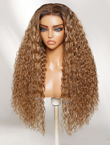 Klaiyi 7x5 No Slip Glueless Lace Wig Honey Golden Brown Water Wave Human Hair Wig