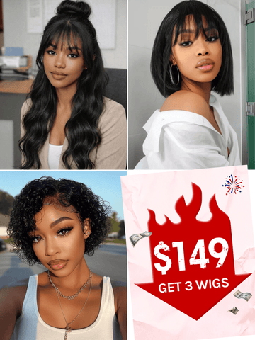 $149 Get 3 Wigs | Klaiyi Yaki Straight Glueless Wig with Blunt Cut Bangs+ Glueless Bob Wig With Bangs + Short Pixie Cut Lace Front Bob Wigs Flash Sale