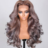 Klaiyi Brown Roots with Punky Gray Highlights Multicolor Wigs Body Wave Human Hair