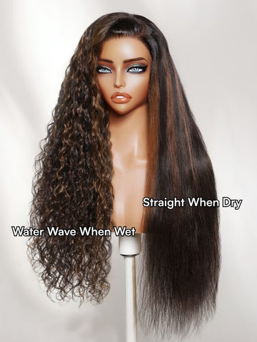 Klaiyi Dream Curls 2-IN-1 Wet & Wavy Wig Straight to Water Wave Golden Brown Highlight 7x5 Glueless Lace Human Hair Wig