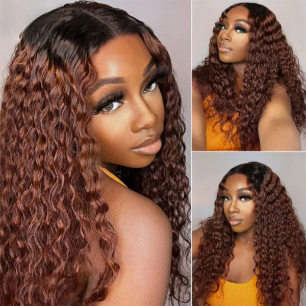 Extra 50% Off Code HALF50 | Klaiyi Breathable Cap Wig Dark Root Reddish Brown Water Wave V Part Wigs Real Scalp No Leave Out