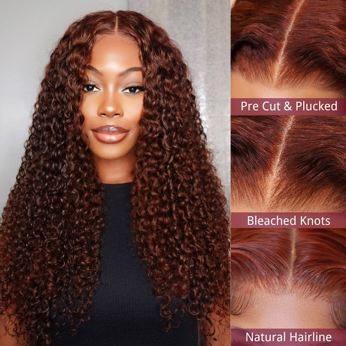 Klaiyi Reddish Brown Jerry Curly 7x5 Bye Bye Knots Human Hair Wig Put On and Go Glueless Lace Wig