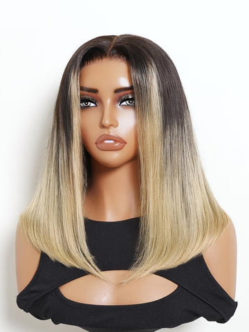 Klaiyi 7x5 Lace No Slip Glueless Lace Wig Dark Brown to Blonde Ombre Straight Bob Human Hair Wig