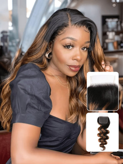 Cheveux Klaiyi Balayage, 3 paquets avec closure en dentelle, mèches ombrées pré-épilées, raie libre, ondulations naturelles