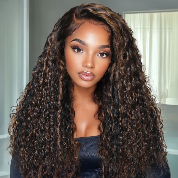 Klaiyi 7x5 Golden Brown Highlight Water Wave Bye Bye Knots Lace Closure Wig 150% Density
