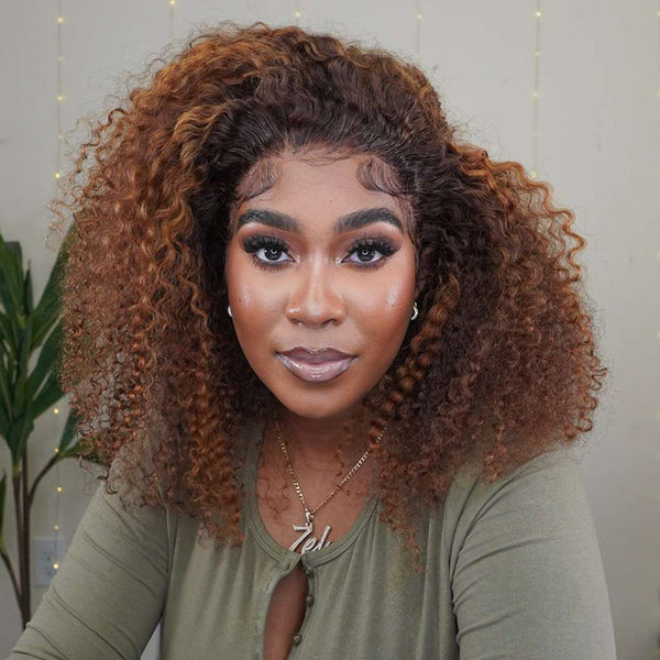 Klaiyi 7x5 Bye Bye Knots 4.0 Lace Frontal Wig Ombre Highlight Piano Brown Kinky Curly Wigs Flash Sale
