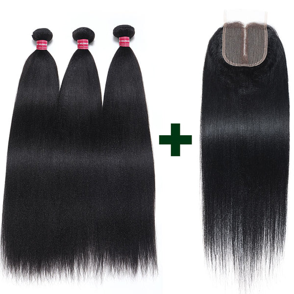 Klaiyi Yaki Straight Hair Bundles with Closure Brazilian Hair 3 Bundles with 4*1 Lace Part Closure Flash Sale