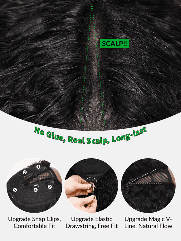 Klaiyi Hair Bouncy Water & Curly Seamless Blending Wig With Drawstring  InvisiBlend™ V part Wig 3.0 150% Density Protect Your Natural Hair Flash Sale