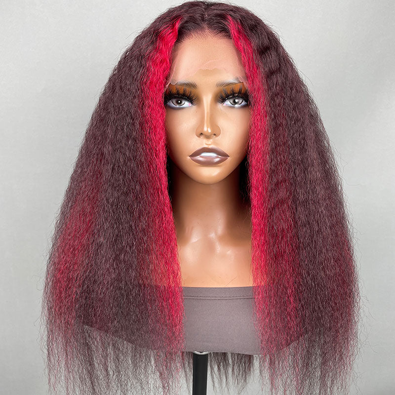 Klaiyi Dark Burgundy Highlights with Crimson Red Stripes Kinky Straight Lace Front Wig Flash Sale