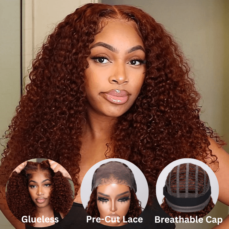 $100 Off Full $101 | Code: SAVE100 Klaiyi Auburn Copper Color Jerry Curly  6x4.75  Pre-Cut Lace Wig Flash Sale