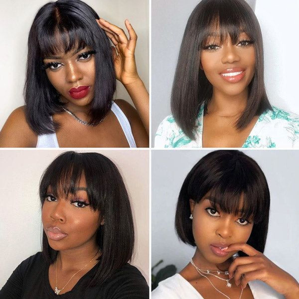$100 OFF| Code: SAVE100 Klaiyi 3*1.25 T Part Lace Silky Straight Glueless Minimalist Lace Wig Bob Wig With Bangs