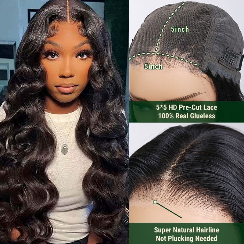 Klaiyi 180% Body Wave/Straight/Curly Hair 5x5 HD Transparent Lace Wig Pre-Cut Put On and Go Glueless Wig