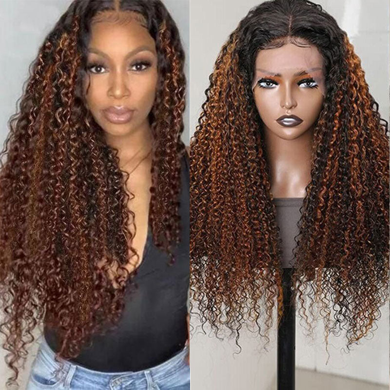 Buy 1 Get 1 Free,Code:BOGO |Klaiyi 180% Density Dark Roots Blonde Highlight Balayage Curly Hair Lace Front Wigs Best Colored Wigs