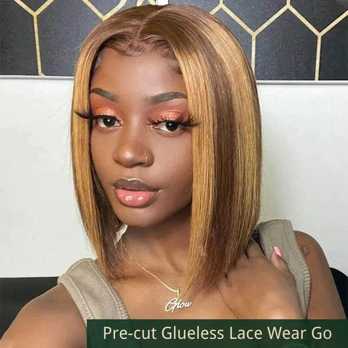 Klaiyi Bob 6x4.75 Glueless Lace Wig Wear Go Wig  Honey Blonde Highlight Color Flash Sale