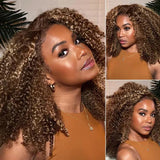 Klaiyi Highligh Kinky Curly 13x4 Lace Front Wigs 180% Density Piano Brown Balayage Human Hair Flash Sale