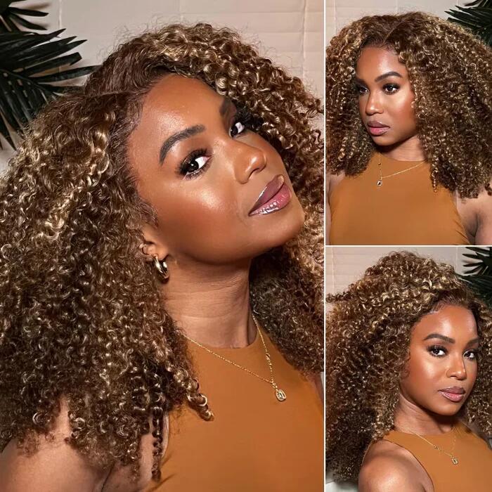 Klaiyi Highligh Kinky Curly 13x4 Lace Front Wigs 180% Density Piano Brown Balayage Human Hair Flash Sale