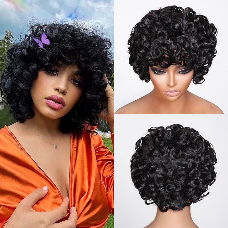 4000 Points | Klaiyi Natural Color Afro Short Curly Wig with Bangs Fullness Bouncy Rose Curls Replacement Wig