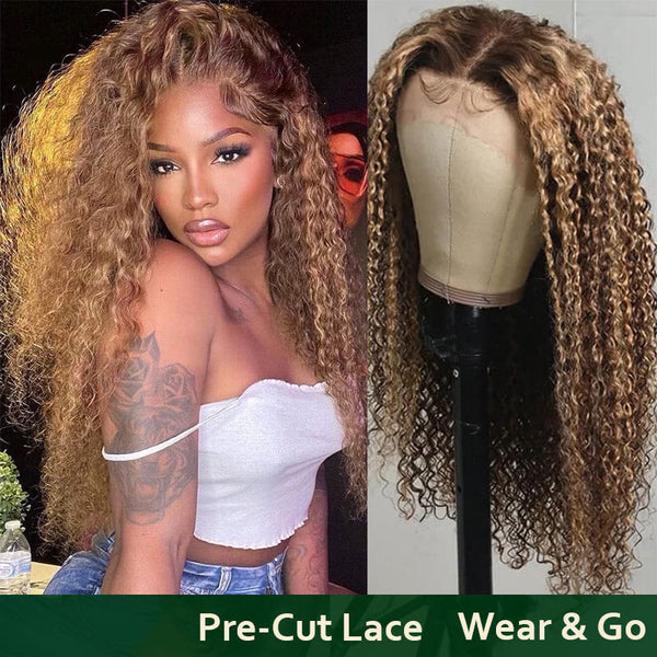Klaiyi Pre-Cut Lace Put On and Go Glueless Wig Honey Blonde Piano Highlight Color Curly Breathable Air Wig