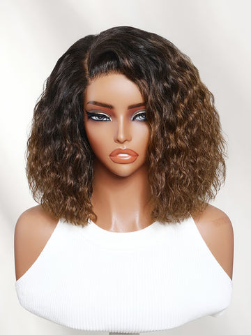 Klaiyi 6x4 Lace Closure Chestnut Brown Ombre Side Part Water Wave Bob Human Hair