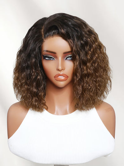 Klaiyi 6x4 Lace Closure Chestnut Brown Ombre Side Part Water Wave Bob Human Hair