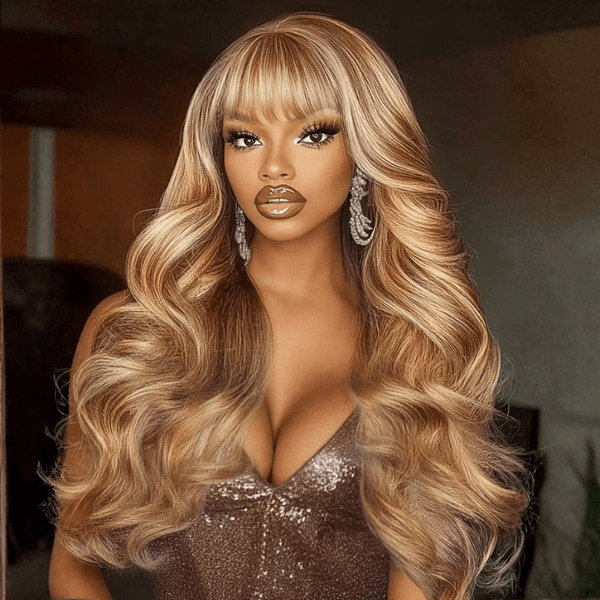 Klaiyi Hair 13x4 Honey Blond Highlights Body Wave Glueless Lace Wig with Face Framing Curtain Bangs Human Hair Wig