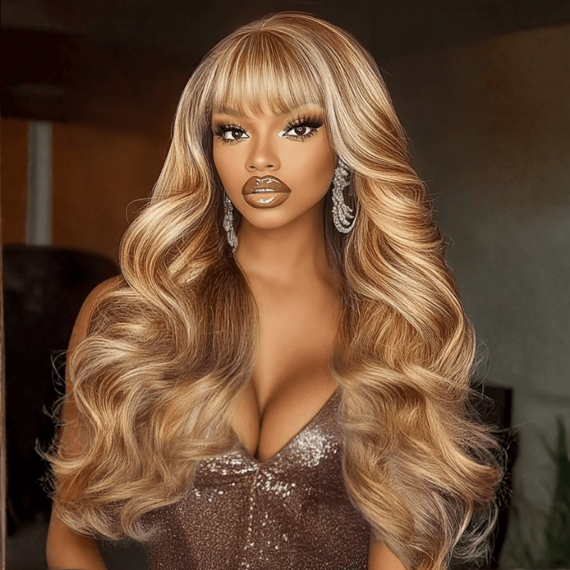 $1 Get Second Wig | Vip Member 13x4 Honey Blond Highlights Body Wave Glueless Lace Wig Flash Sale with Face Framing Curtain Bangs Human Hair Wig
