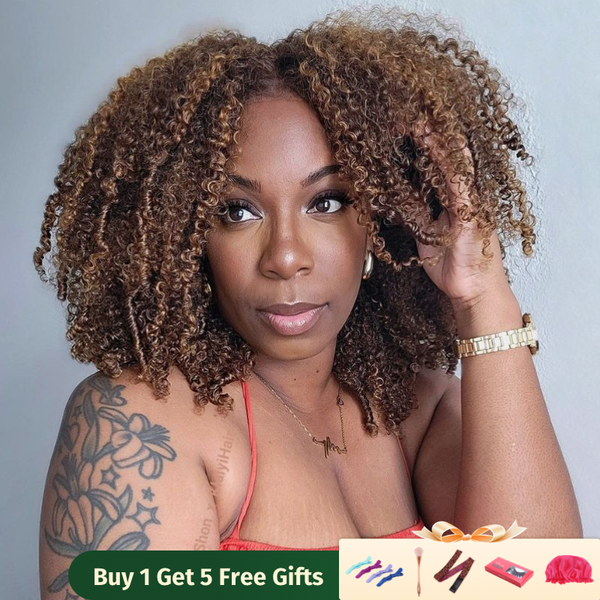$50 OFF Full $51 | Code: SAVE50 Klaiyi 13x4 Lace Frontal Ombre Highlight Piano BrownJerry/Kinky Curly Wigs Flash Sale