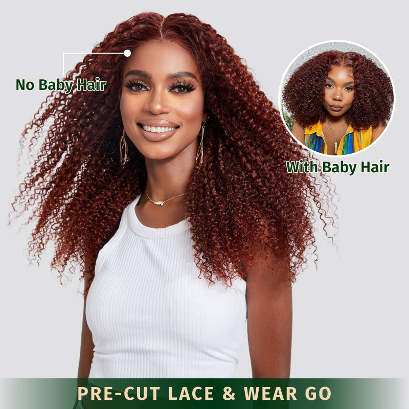 Klaiyi Auburn Brown Color 13x4 Glueless Lace Frontal Wig Kinky Curly Human Hair