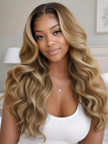 Klaiyi Honey Blonde Balayage Body Wave 7x5 Lace Glueless Human Hair Wig