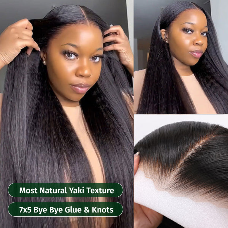 Klaiyi Natural Color Yaki Straight  7x5  Pre Everything Put On and Go Glueless Lace Wigs Flash Sale