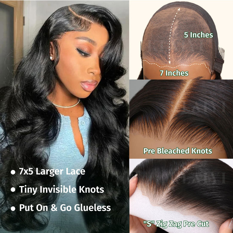 Extra 50% Off Code HALF50 | Klaiyi Pre-Cut Larger Size Lace Closure Put On and Go Wig  Body Wave Wigs