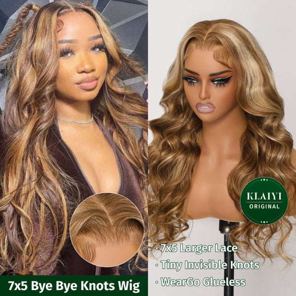 Klaiyi Highlight Blonde Body Wave Human Hair with Natural Baby Hair 7x5 Bye Bye Knots Glueless Wig Put On and Go Wig