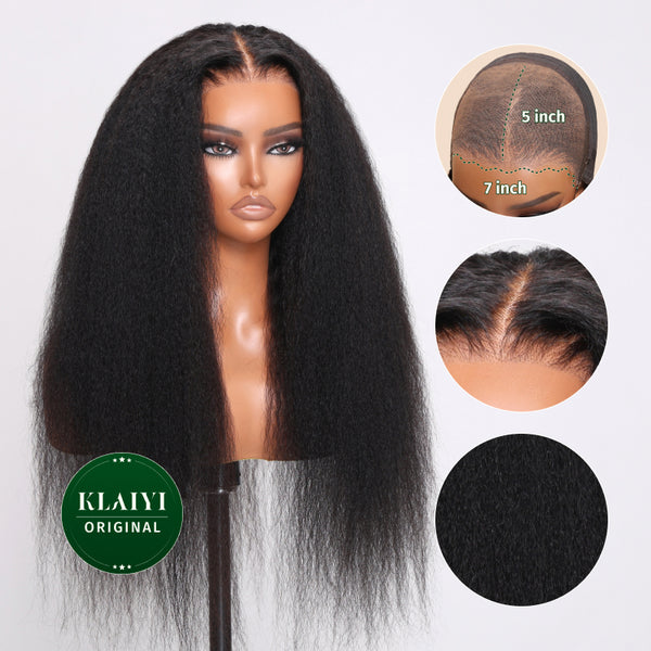 Klaiyi 7x5 Bleached Knots Put On and Go Glueless Lace Wigs 4C Kinky Straight Human Hair