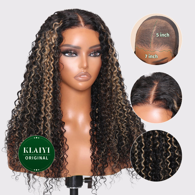 Extra 60% OFF | Klaiyi Balayage Blonde Highlight Jerry Curly 13x4 Lace Front Glueless Wig Precolored Ombre Hair