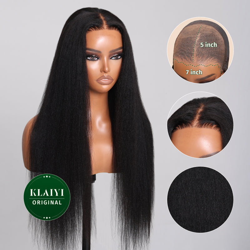 Klaiyi 7x5 Pre-Cut Lace Wig Put On and Go Yaki Straight Human Hair Wig Beginner Friendly Flash Sale