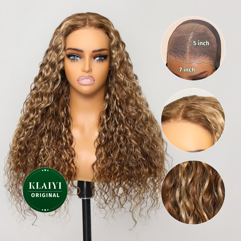 Klaiyi Highlight Blonde Water Wave Put On and Go Glueless Lace Wigs 7x5 Bye Bye Knots Human Hair Lace Wig