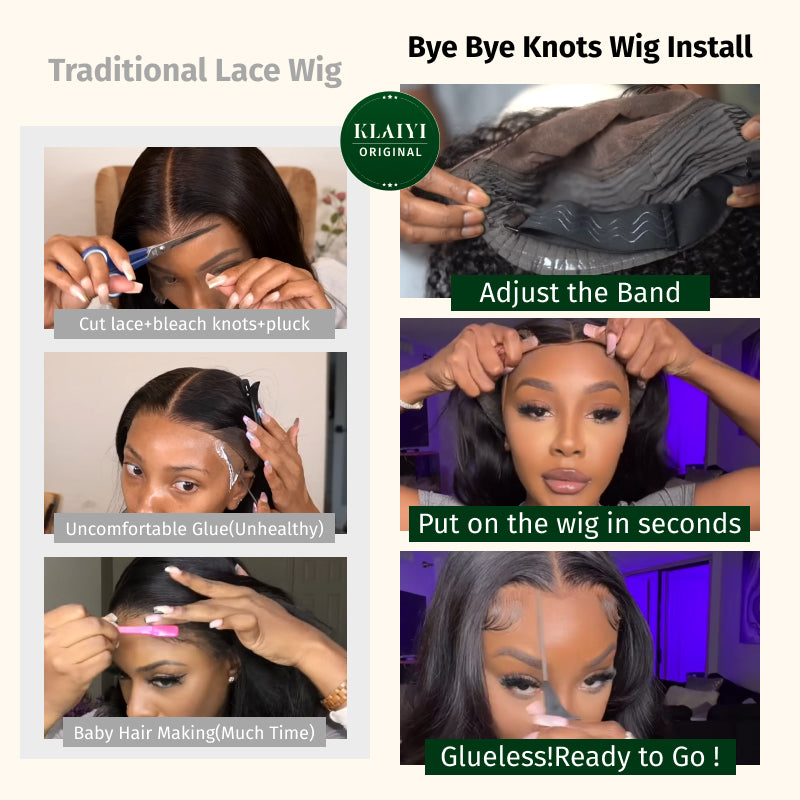 Klaiyi Pre-Cut Glueless Wig Straight Human Hair Beginner Wig Put On and Go