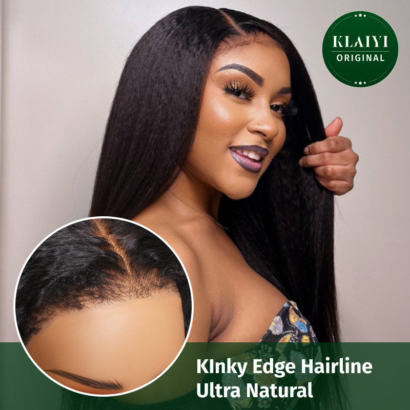 Klaiyi Kinky Straight 13x4 Pre Everything Wig with 4C Kinky Edges Put on & Go Realistic Human Hair Wig