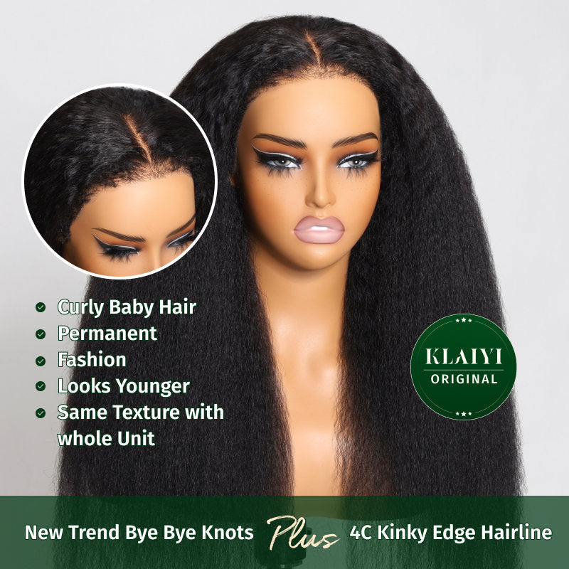 Klaiyi 13x6 Yaki Straight Pre Everything Wig with 4C Kinky Edges Put on & Go Glueless Wig Larger Lace