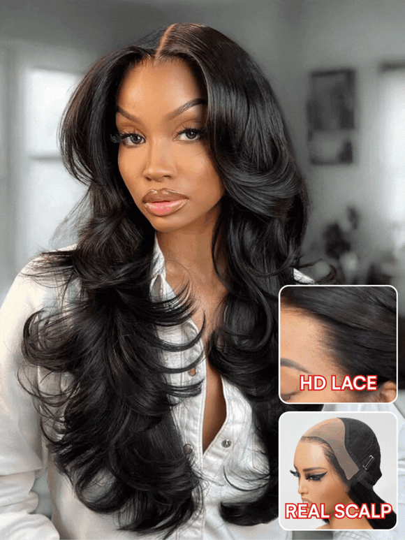 Klaiyi Hair HD Real Scalp™ Wig with Curtain Bangs 13x4 Invisible Lace Frontal Body Wave Wig Natural Black Color