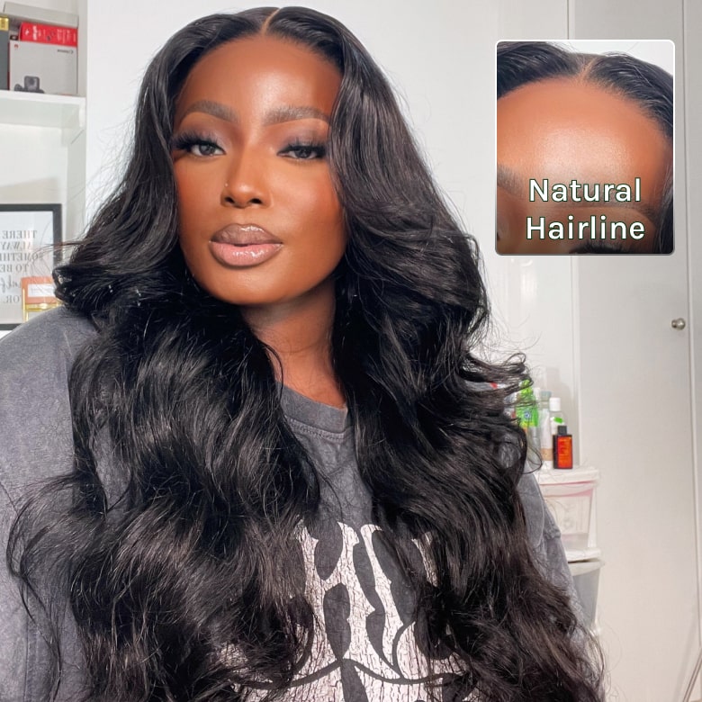 Klaiyi Hair HD Real Scalp™ Wig with Curtain Bangs 13x4 Invisible Lace Frontal Body Wave Wig Natural Black Color